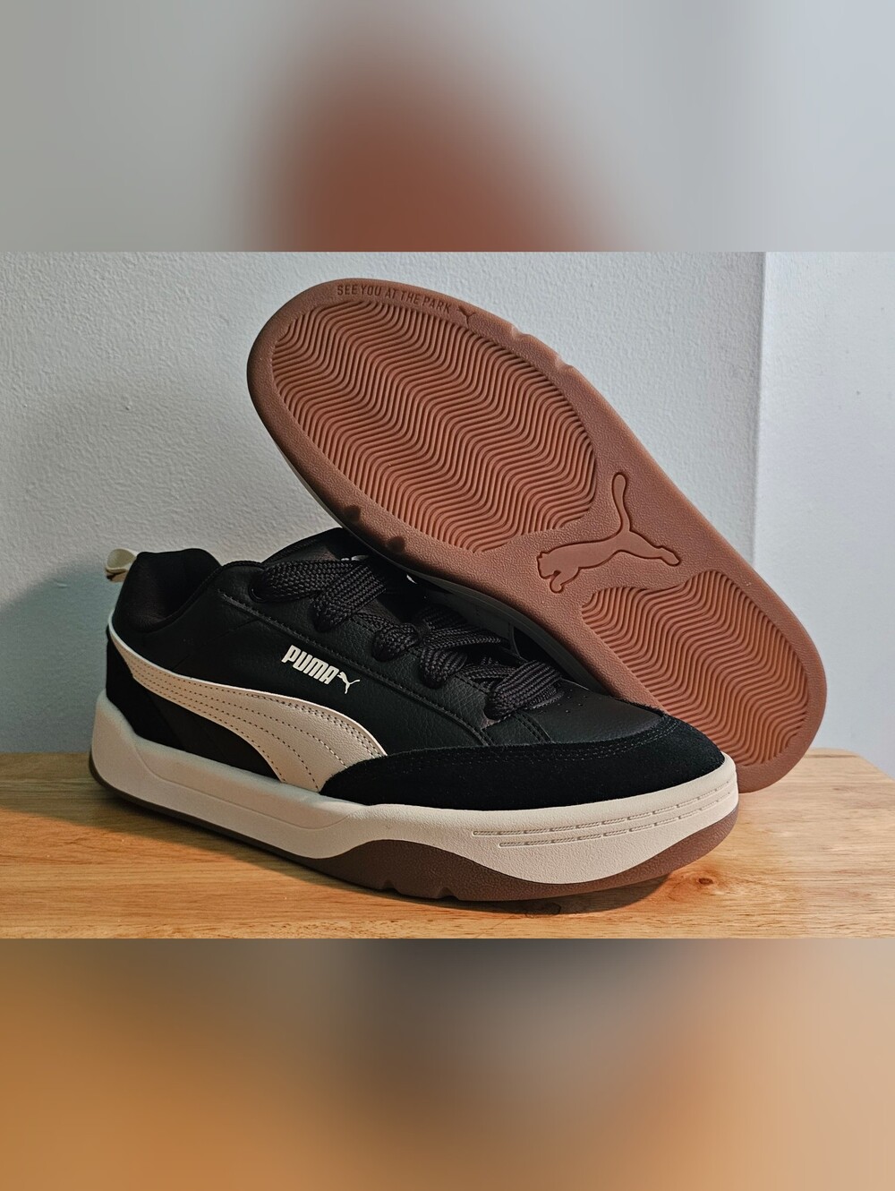 The PUMA Men's Black White Brown Gum Lace Up Low Top Athletic Sneaker 397262-09